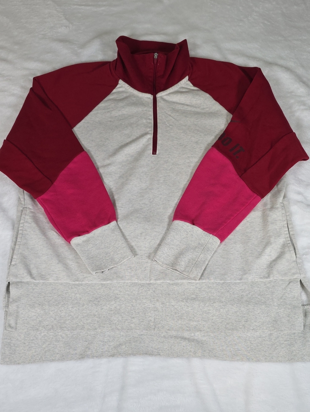 Nike Dri-FIT Colorblock Just Do It Quarter Zip Fleece Pullover Gray Pink Size L